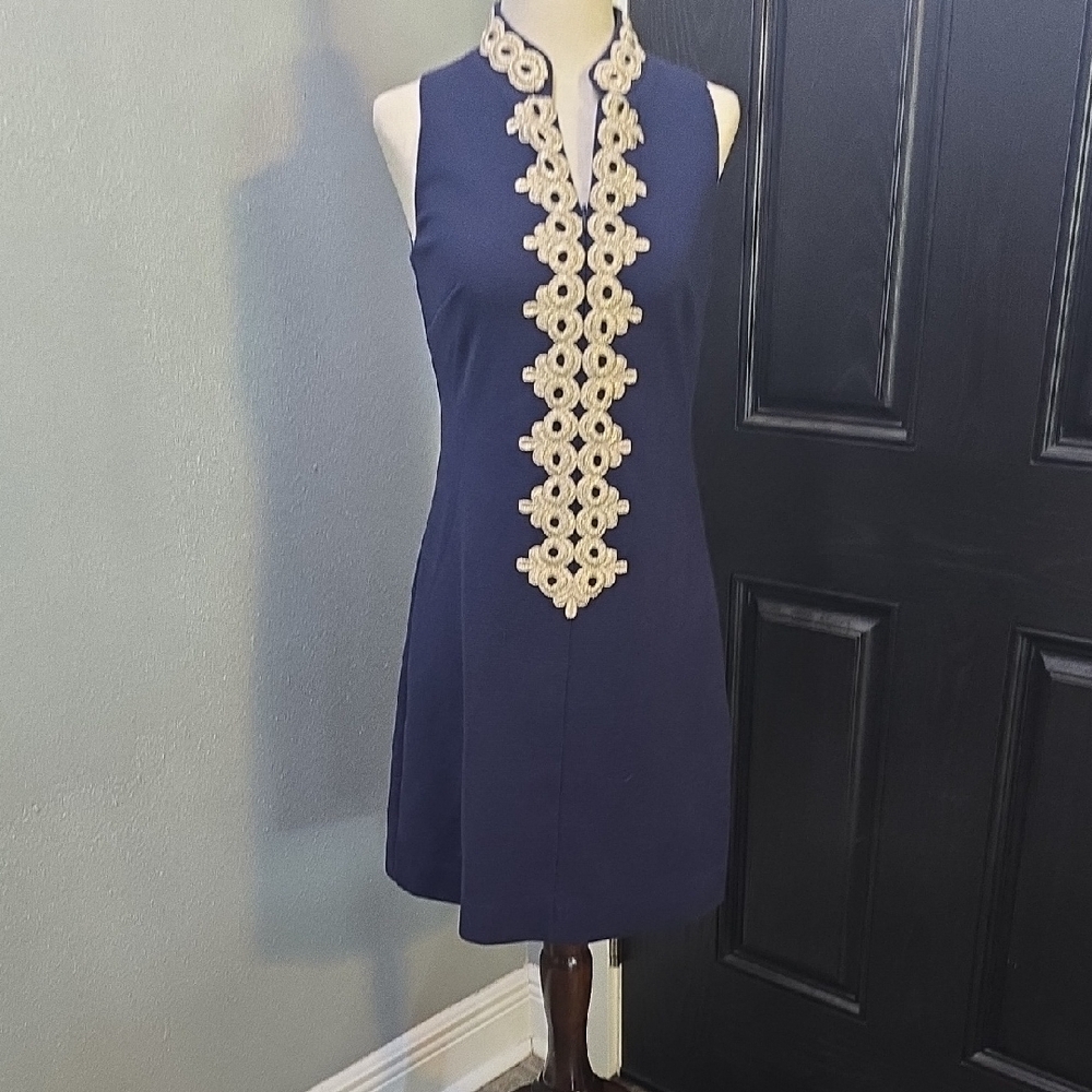 Lilly Pulitzer Blue and Gold Cream Embellished Mini Dress XS